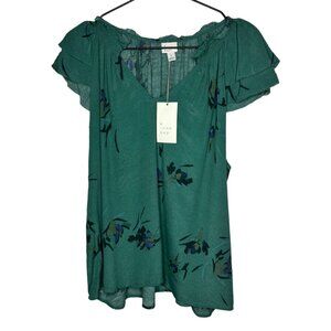 NWT a new day Women's Sz L Teal Floral Cap Sleeve Blouse, Top